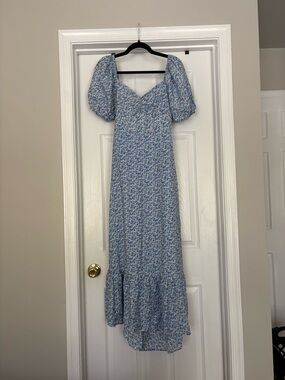 Blu Pepper Light Blue Floral Puff-Sleeve Maxi Dress